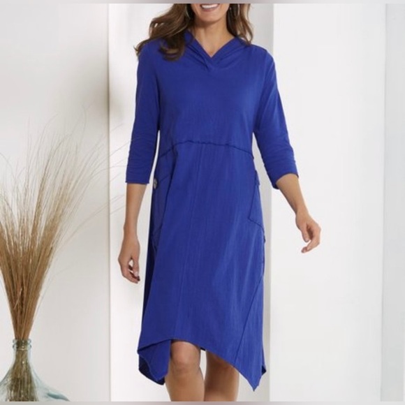 New SOFT SURROUNDINGS Lagunitas Hooded Midi Dress Blue Crinkle Pocket Asymmetric - Picture 13 of 13